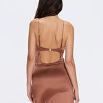 Solea Brown Satin Mini Dress with Gold Chain Strap Detail | Moeva | Dress | Each week unveils new pieces—luxury swimwear, fluid resort silhouettes, and elevated summer-to-evening essentials designed to carry you from coastal escapes to city nights.