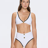 Merrin White-Black V Neck Textured Bikini Top