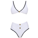Merrin White-Black V Neck High Waist Textured Bikini Set