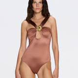 Talia V Neck with Gold Detail Satin Brown Swimsuit