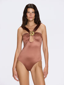 Talia V Neck with Gold Detail Satin Brown Swimsuit | Moeva | Swimsuit | Each week unveils new pieces—luxury swimwear, fluid resort silhouettes, and elevated summer-to-evening essentials designed to carry you from coastal escapes to city nights.