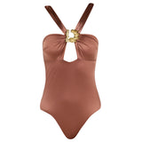 Talia V Neck with Gold Detail Satin Brown Swimsuit