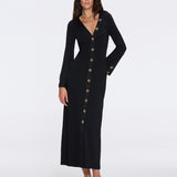 Brezia Black Knitted Maxi Dress with Long Sleeves and Gold Button Details