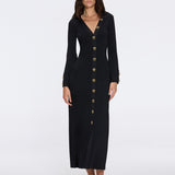 Brezia Black Knitted Maxi Dress with Long Sleeves and Gold Button Details