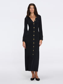 Brezia Black Knitted Maxi Dress with Long Sleeves and Gold Button Details | Moeva | RTW Dresses | Each week unveils new pieces—luxury swimwear, fluid resort silhouettes, and elevated summer-to-evening essentials designed to carry you from coastal escapes to city nights.