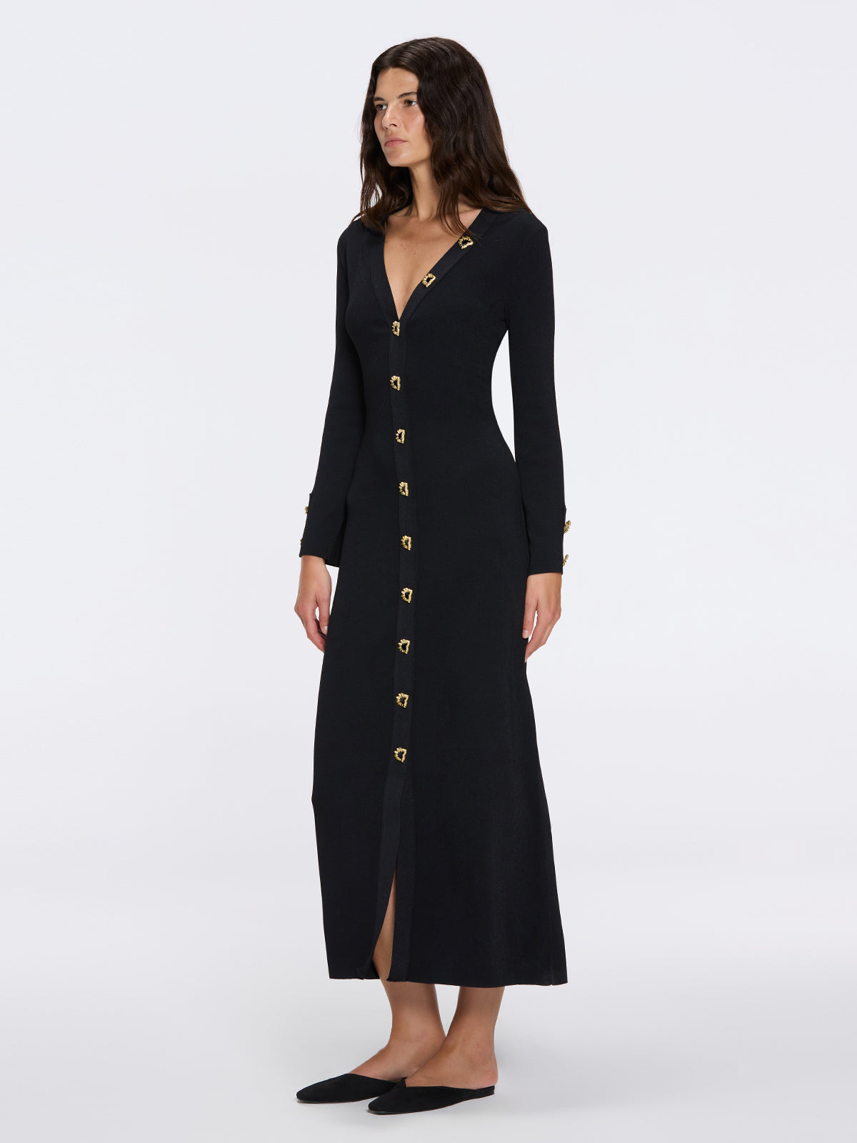 knitted button dress Brezia Black Knitted Maxi Dress with Long Sleeves and Gold Button Details