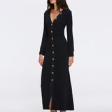 Brezia Black Knitted Maxi Dress with Long Sleeves and Gold Button Details