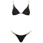 Selena Black Triangle Gold Chain Strap Mid Coverage Satin Bikini Set | Moeva | Bikini | Each week unveils new pieces—luxury swimwear, fluid resort silhouettes, and elevated summer-to-evening essentials designed to carry you from coastal escapes to city nights.