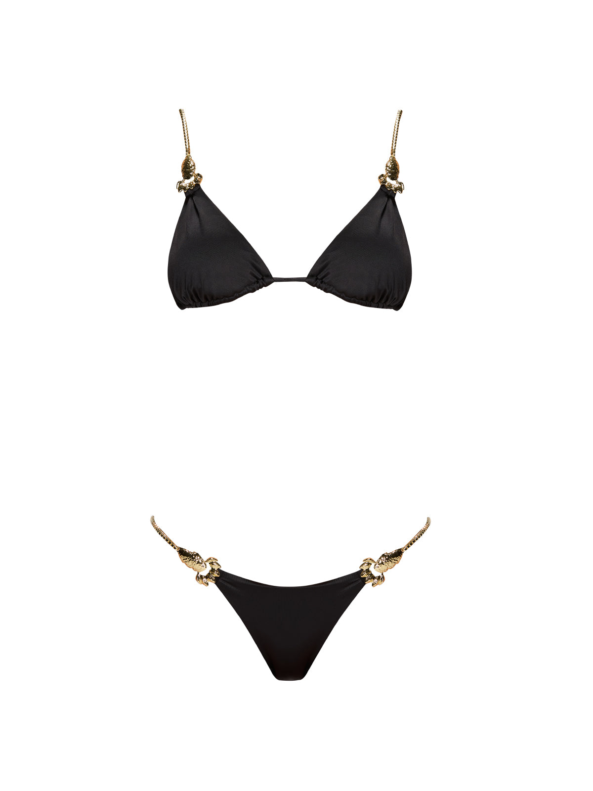 Selena Black Triangle Gold Chain Strap Mid Coverage Satin Bikini Set | Moeva | Bikini | Each week unveils new pieces—luxury swimwear, fluid resort silhouettes, and elevated summer-to-evening essentials designed to carry you from coastal escapes to city nights.