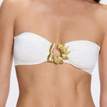 Astrid White Bandeau Gold Detail Satin Bikini Top | Moeva | Bikini Top | Each week unveils new pieces—luxury swimwear, fluid resort silhouettes, and elevated summer-to-evening essentials designed to carry you from coastal escapes to city nights.