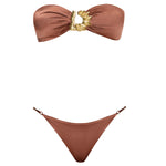 Astrid Brown Bandeau Gold Detail Satin Bikini Top | Moeva | Bikini Top | Each week unveils new pieces—luxury swimwear, fluid resort silhouettes, and elevated summer-to-evening essentials designed to carry you from coastal escapes to city nights.