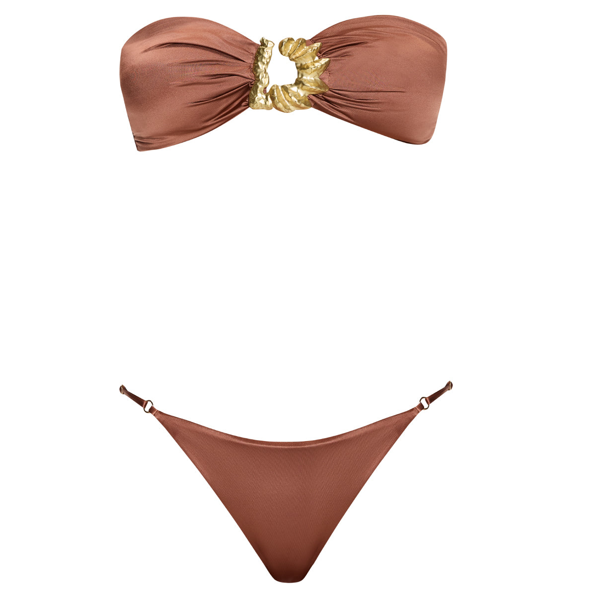 Astrid Bandeau Gold Detail Mid Coverage Satin Brown Bikini Set | Moeva | Bikini Set | Each week unveils new pieces—luxury swimwear, fluid resort silhouettes, and elevated summer-to-evening essentials designed to carry you from coastal escapes to city nights.