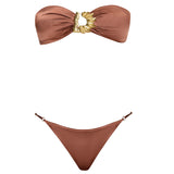 Astrid Bandeau Gold Detail Mid Coverage Satin Brown Bikini Set