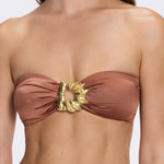 Astrid Brown Bandeau Gold Detail Satin Bikini Top | Moeva | Bikini Top | Each week unveils new pieces—luxury swimwear, fluid resort silhouettes, and elevated summer-to-evening essentials designed to carry you from coastal escapes to city nights.