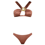 Irma Halter Neck Gold Detail Mid Coverage Satin Brown Bikini Set | Moeva | Bikini | Each week unveils new pieces—luxury swimwear, fluid resort silhouettes, and elevated summer-to-evening essentials designed to carry you from coastal escapes to city nights.