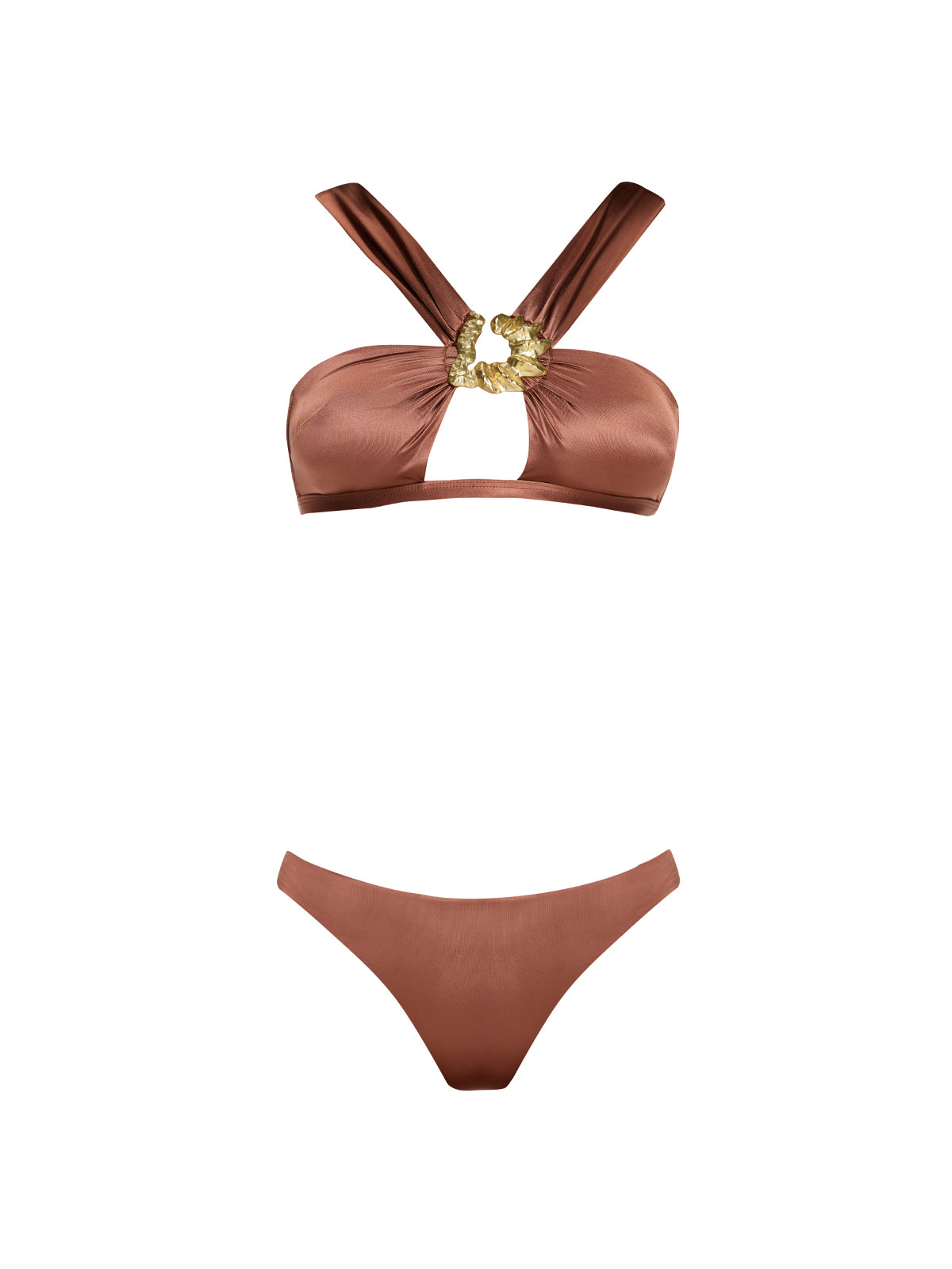 Irma Halter Neck Gold Detail Mid Coverage Satin Brown Bikini Set | Moeva | Bikini | Each week unveils new pieces—luxury swimwear, fluid resort silhouettes, and elevated summer-to-evening essentials designed to carry you from coastal escapes to city nights.