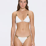 Selena White Triangle Gold Chain Strap Mid Coverage Satin Bikini Set | Moeva | Bikini | Each week unveils new pieces—luxury swimwear, fluid resort silhouettes, and elevated summer-to-evening essentials designed to carry you from coastal escapes to city nights.