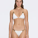 Selena White Triangle Gold Chain Strap Mid Coverage Satin Bikini Set | Moeva | Bikini | Each week unveils new pieces—luxury swimwear, fluid resort silhouettes, and elevated summer-to-evening essentials designed to carry you from coastal escapes to city nights.
