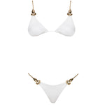 Selena White Triangle Gold Chain Strap Mid Coverage Satin Bikini Set | Moeva | Bikini | Each week unveils new pieces—luxury swimwear, fluid resort silhouettes, and elevated summer-to-evening essentials designed to carry you from coastal escapes to city nights.
