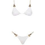 Selena White Triangle Gold Chain Strap Mid Coverage Satin Bikini Set | Moeva | Bikini | Each week unveils new pieces—luxury swimwear, fluid resort silhouettes, and elevated summer-to-evening essentials designed to carry you from coastal escapes to city nights.
