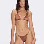 Selena Brown Triangle Gold Chain Strap Mid Coverage Satin Bikini Set | Moeva | Bikini | Each week unveils new pieces—luxury swimwear, fluid resort silhouettes, and elevated summer-to-evening essentials designed to carry you from coastal escapes to city nights.