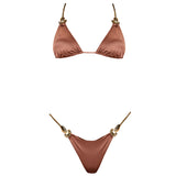 Selena Brown Triangle Gold Chain Strap Mid Coverage Satin Bikini Set | Moeva | Bikini | Each week unveils new pieces—luxury swimwear, fluid resort silhouettes, and elevated summer-to-evening essentials designed to carry you from coastal escapes to city nights.