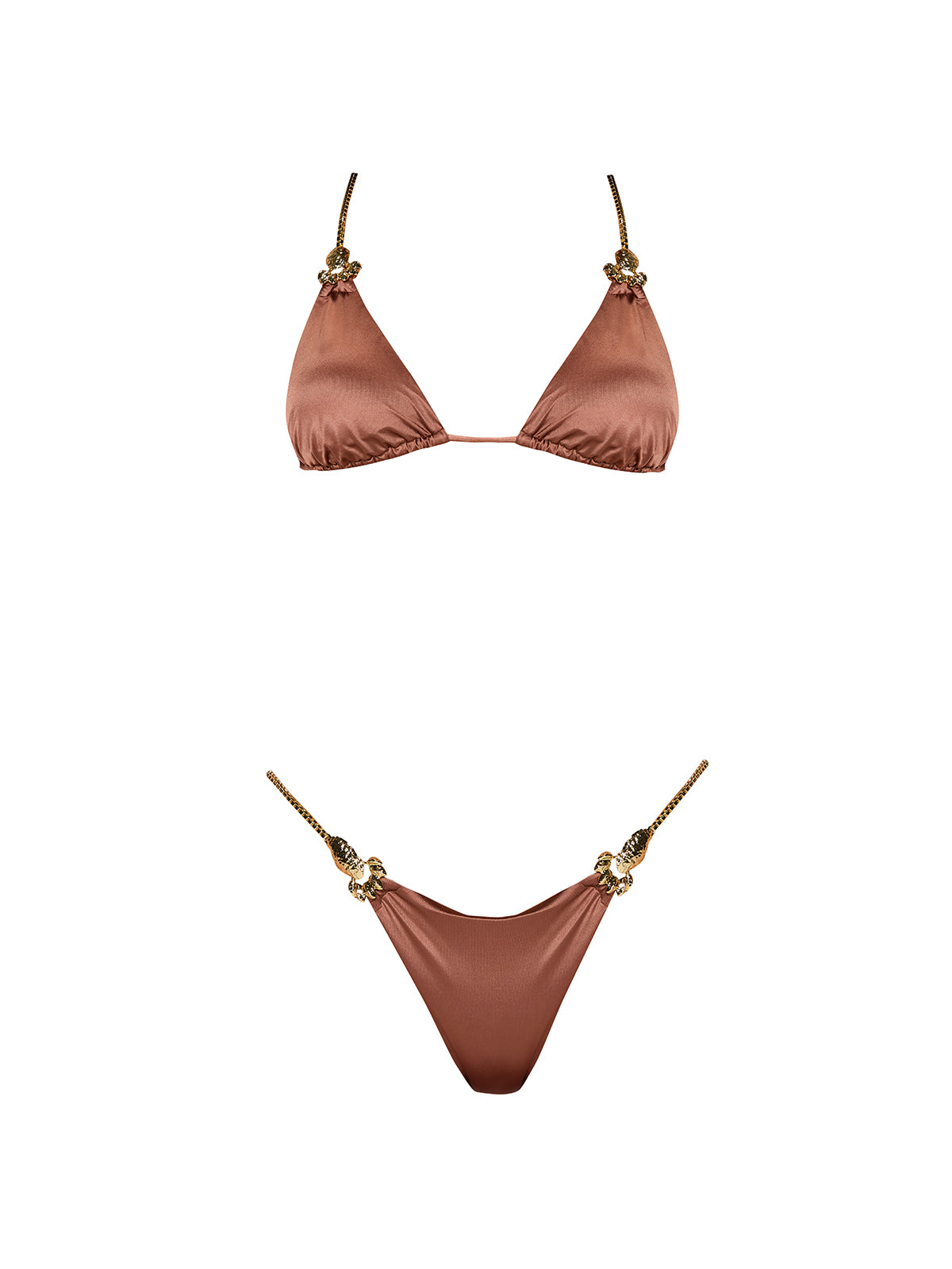 Selena Brown Triangle Gold Chain Strap Mid Coverage Satin Bikini Set | Moeva | Bikini | Each week unveils new pieces—luxury swimwear, fluid resort silhouettes, and elevated summer-to-evening essentials designed to carry you from coastal escapes to city nights.