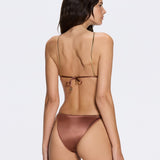 Selena Brown Triangle Gold Chain Strap Mid Coverage Satin Bikini Set | Moeva | Bikini | Each week unveils new pieces—luxury swimwear, fluid resort silhouettes, and elevated summer-to-evening essentials designed to carry you from coastal escapes to city nights.