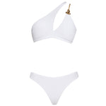 Grasse Gold Chain One-Shoulder Mid Coverage Textured White Bikini Set | Moeva | Bikini | Each week unveils new pieces—luxury swimwear, fluid resort silhouettes, and elevated summer-to-evening essentials designed to carry you from coastal escapes to city nights.