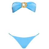 Astrid Bandeau Gold Detail Mid Coverage Satin Blue Bikini Set