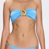 Astrid Bandeau Gold Detail Mid Coverage Satin Blue Bikini Set
