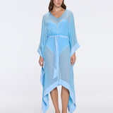 Tata Blue Sheer Gold Buttoned Belted Kaftan with Asymmetric Hem