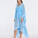 Tata Blue Sheer Gold Buttoned Belted Kaftan with Asymmetric Hem