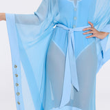 Tata Blue Sheer Gold Buttoned Belted Kaftan with Asymmetric Hem