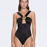Talia V Neck with Gold Detail Satin Black Swimsuit