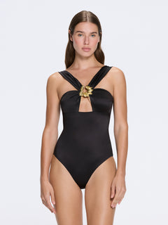 Talia V Neck with Gold Detail Satin Black Swimsuit | Moeva | Swimsuit | Each week unveils new pieces—luxury swimwear, fluid resort silhouettes, and elevated summer-to-evening essentials designed to carry you from coastal escapes to city nights.
