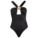 Talia V Neck with Gold Detail Satin Black Swimsuit