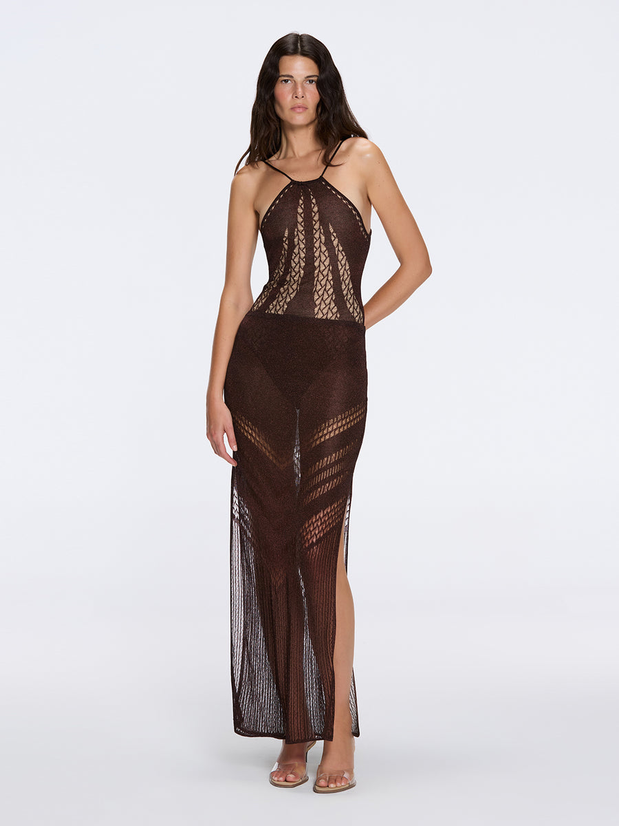 Mercantour Metallic Knit High-Waist Maxi Brown Skirt | Moeva | Skirt | Each week unveils new pieces—luxury swimwear, fluid resort silhouettes, and elevated summer-to-evening essentials designed to carry you from coastal escapes to city nights.