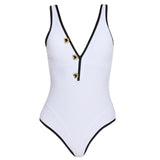Brie V Neck Button Detail White Swimsuit
