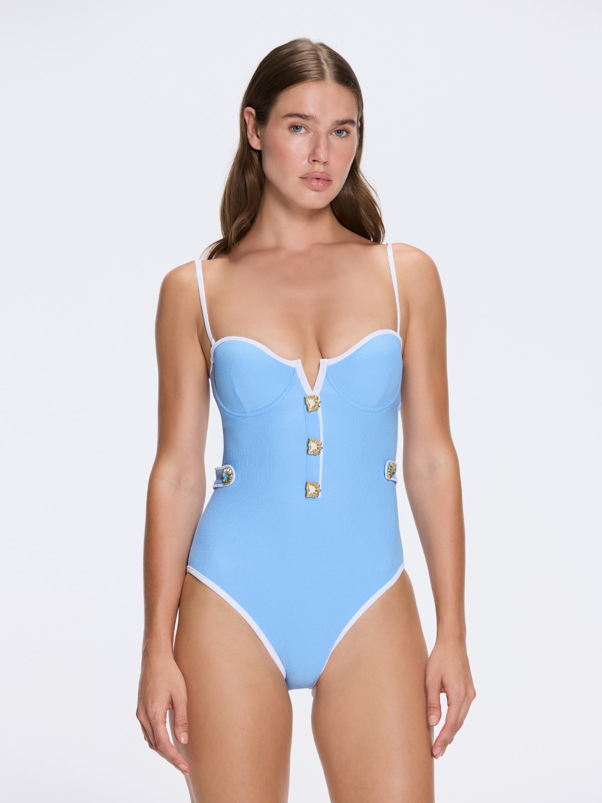 Lourmarin Blue-White Underwired Gold Button Detail Swimsuit | Moeva | Swimsuit | Each week unveils new pieces—luxury swimwear, fluid resort silhouettes, and elevated summer-to-evening essentials designed to carry you from coastal escapes to city nights.