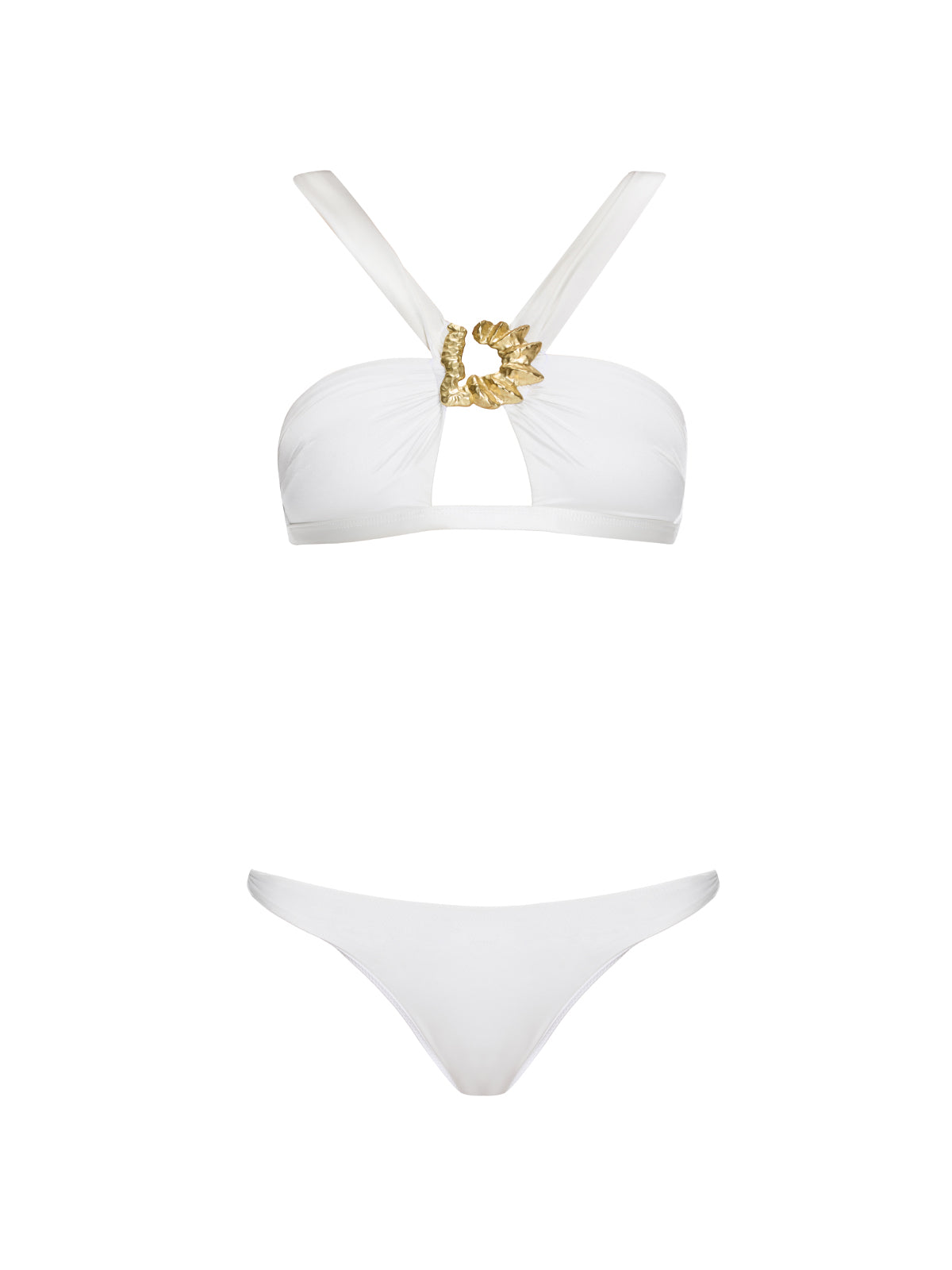 Irma Halter Neck Gold Detail Mid Coverage Satin White Bikini Set | Moeva | Bikini Set | Each week unveils new pieces—luxury swimwear, fluid resort silhouettes, and elevated summer-to-evening essentials designed to carry you from coastal escapes to city nights.