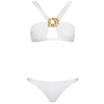 Irma Halter Neck Gold Detail Mid Coverage Satin White Bikini Set | Moeva | Bikini | Each week unveils new pieces—luxury swimwear, fluid resort silhouettes, and elevated summer-to-evening essentials designed to carry you from coastal escapes to city nights.