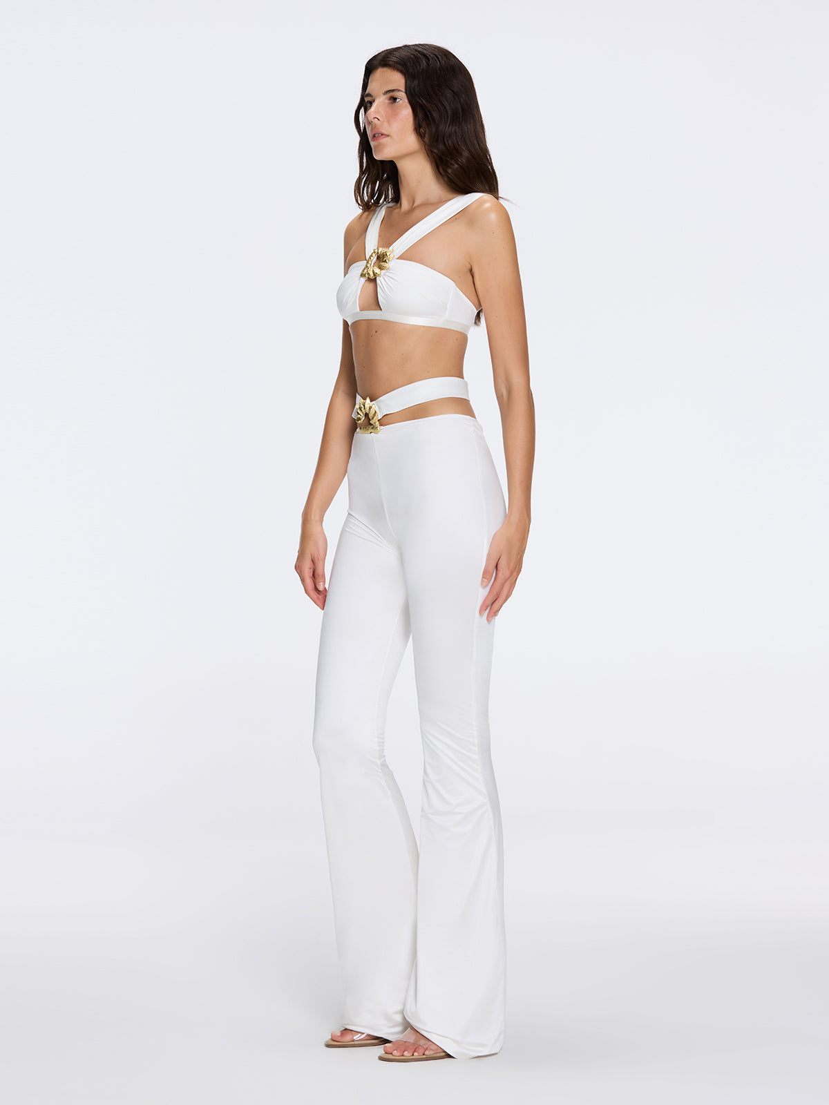 Gwyneth High-Waist with Gold Detail Satin Flare White Pants | Moeva | Pants | Each week unveils new pieces—luxury swimwear, fluid resort silhouettes, and elevated summer-to-evening essentials designed to carry you from coastal escapes to city nights.