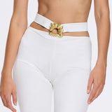Gwyneth High-Waist with Gold Detail Satin Flare White Pants