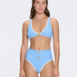 Merrin Baby Blue-White V Neck Textured Bikini Top