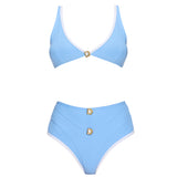 Merrin Baby Blue-White V Neck Textured Bikini Top