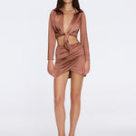 Greta Brown Satin Tie Front Shirt And Antonia Skirt Set | Moeva | Beachwear Tops | Each week unveils new pieces—luxury swimwear, fluid resort silhouettes, and elevated summer-to-evening essentials designed to carry you from coastal escapes to city nights.