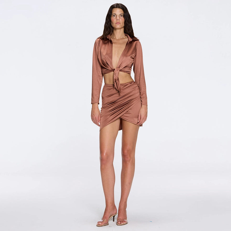 Greta Brown Satin Tie Front Shirt And Antonia Skirt Set | Moeva | Set | Each week unveils new pieces—luxury swimwear, fluid resort silhouettes, and elevated summer-to-evening essentials designed to carry you from coastal escapes to city nights.