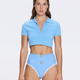 Shandy Baby Blue Polo Colar Knitted Crop Top