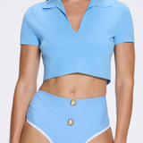 Shandy Baby Blue Polo Colar Knitted Crop Top